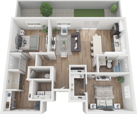 A top-down view of a modern, well-organized apartment with a living room, kitchen, and bedroom.